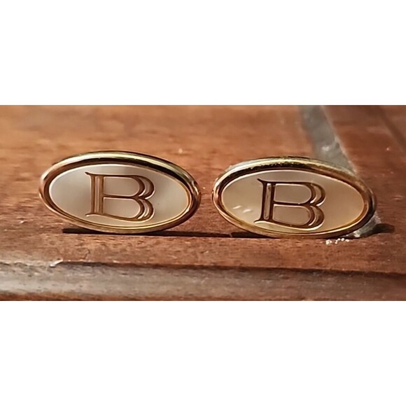 Vintage B Monogram Cufflinks – Silver-Tone Mother of Pearl Men’s Jewelry - Picture 1 of 6